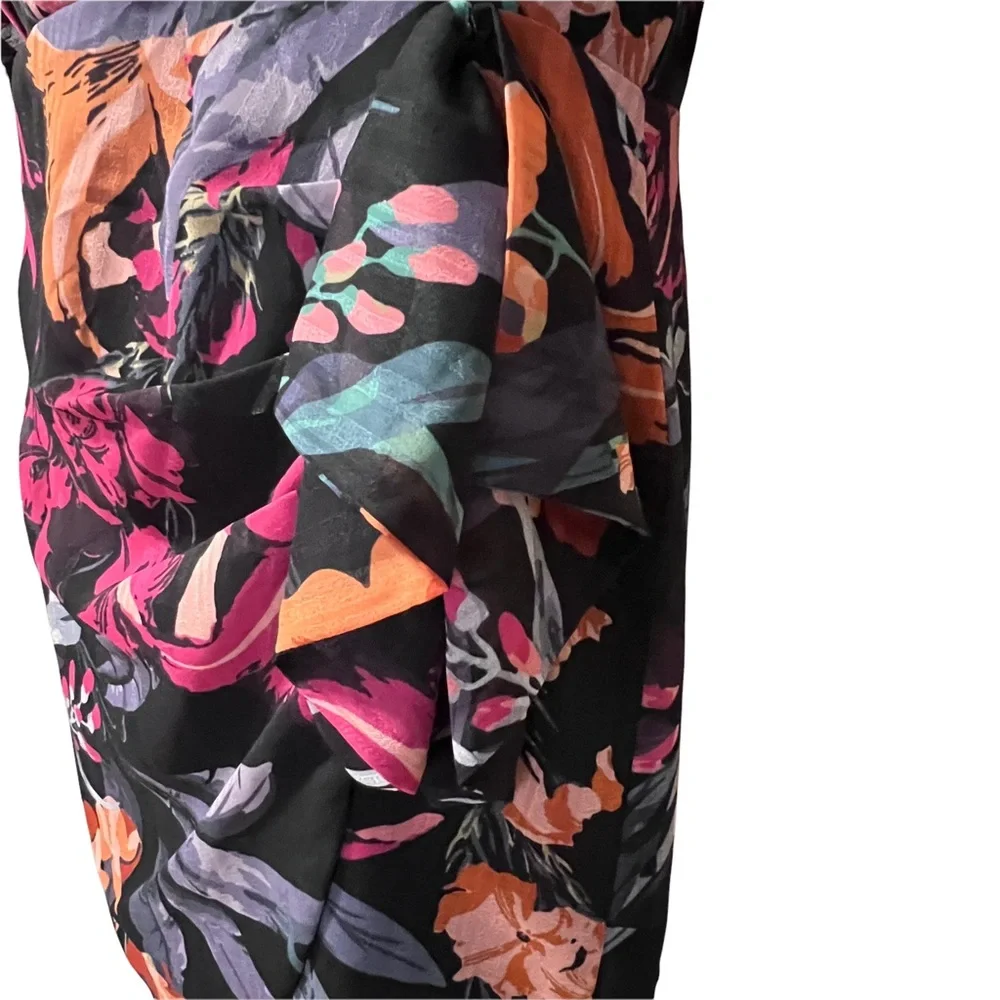 La Maison Talulah dress floral faux wrap puff sleeve open back M black tropical